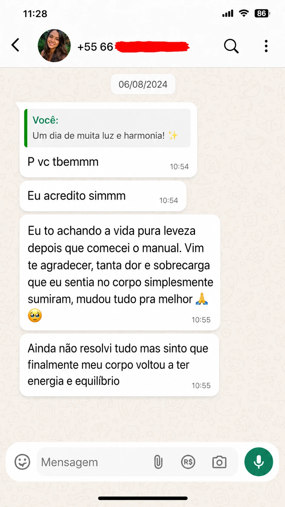 Depoimento real de cliente 7 no WhatsApp